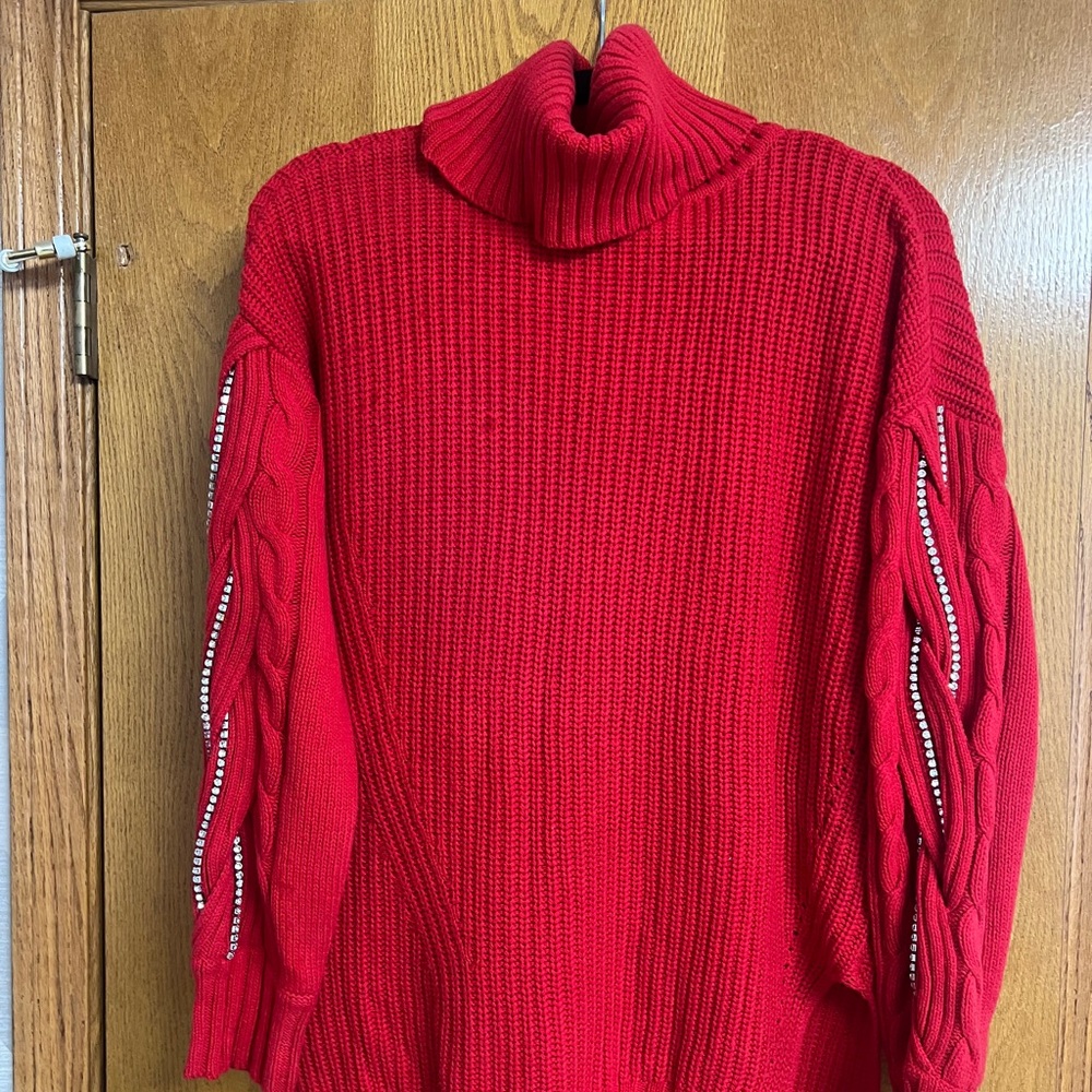 INC International Concepts Bold Red Cowl Neck Sweater with sleeve rhinestones